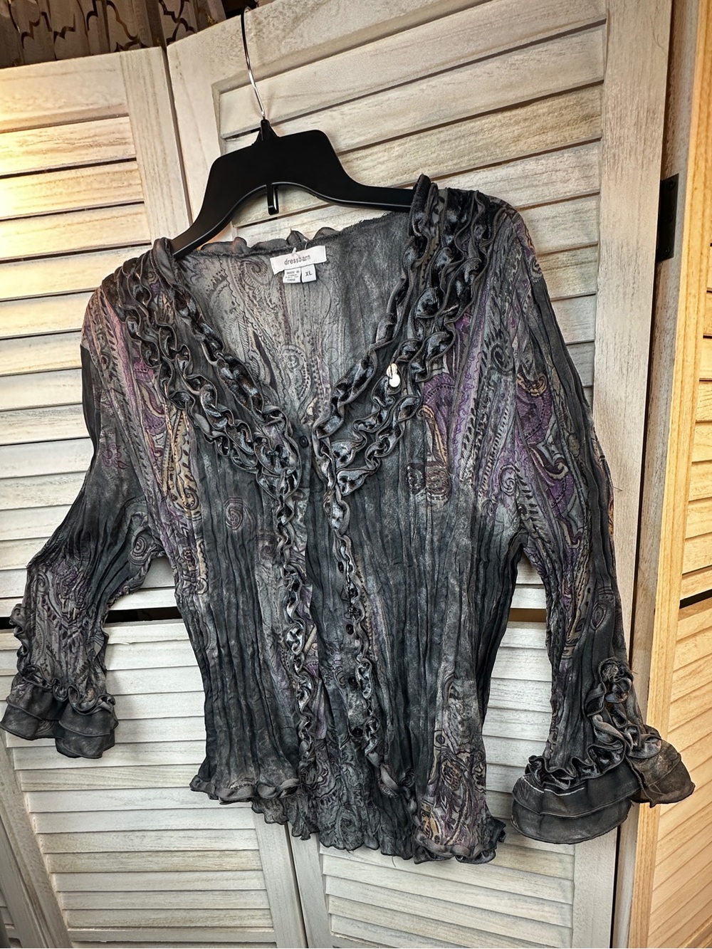 Vintage Crinkle Ruffled Sheer Gray & Purple Paisley Long Bell sleeve top XL Y2K - Picture 3 of 12